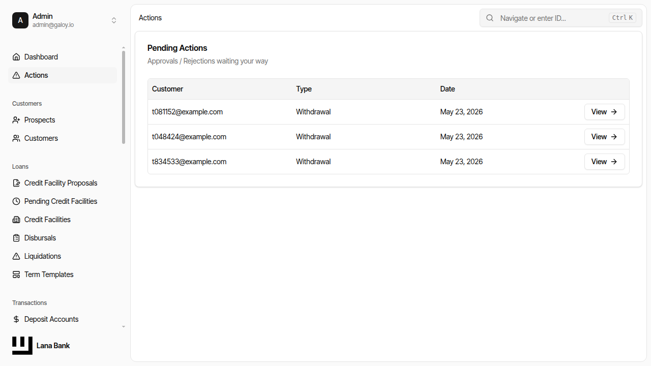 Actions page