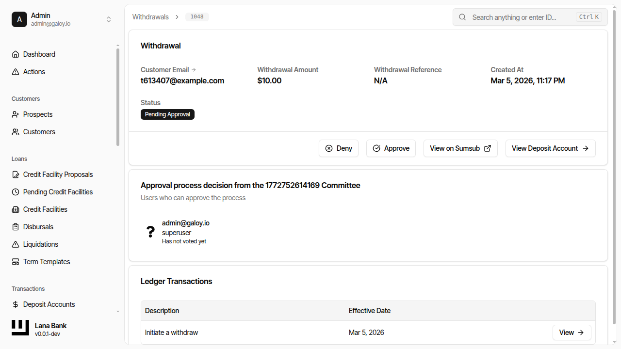 Withdrawal details for approval