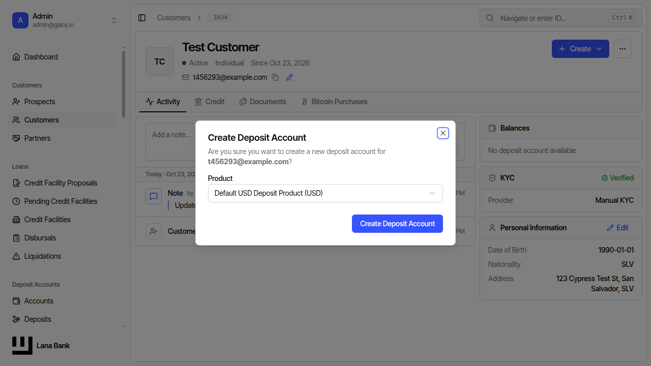 Create deposit account dialog