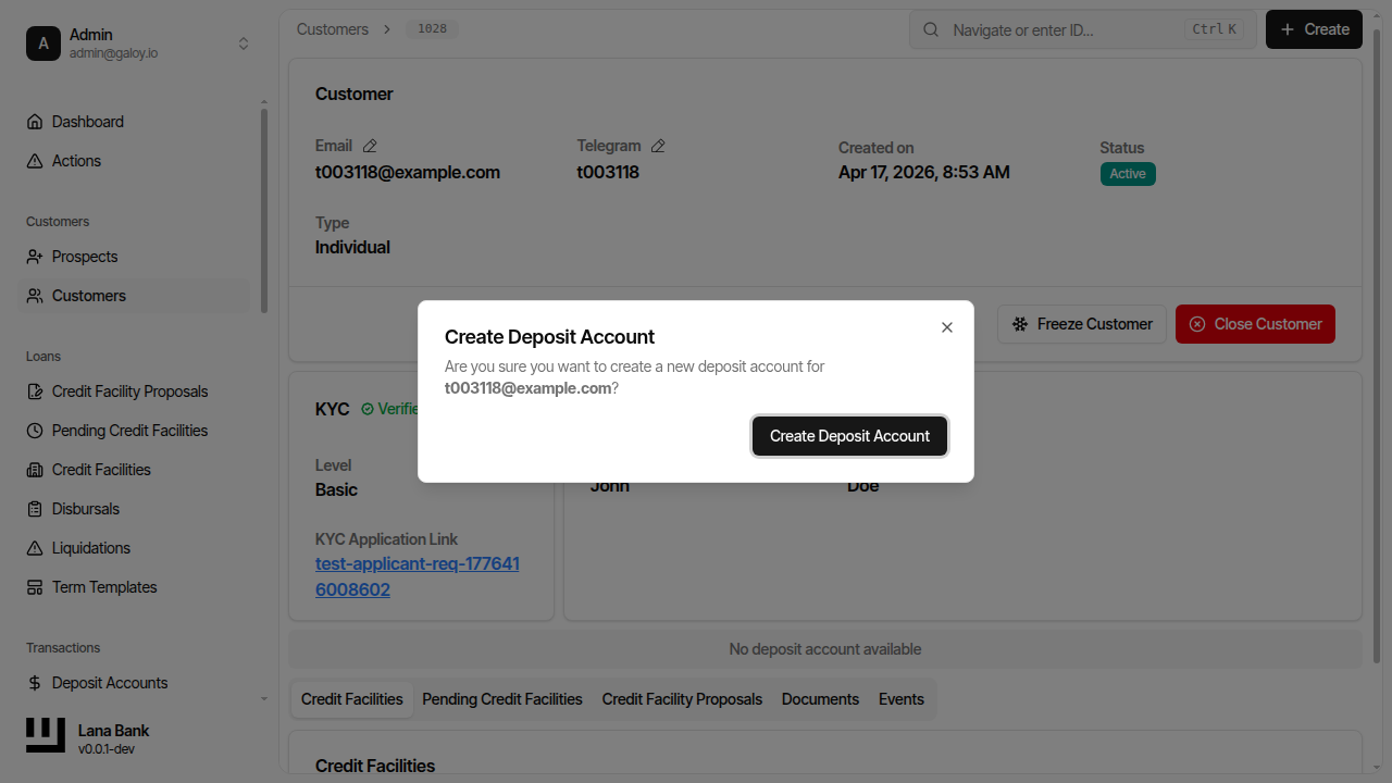Create deposit account dialog