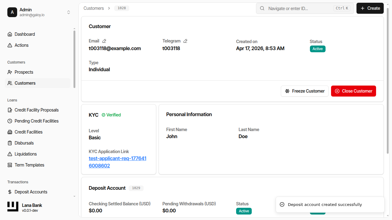 Deposit account created