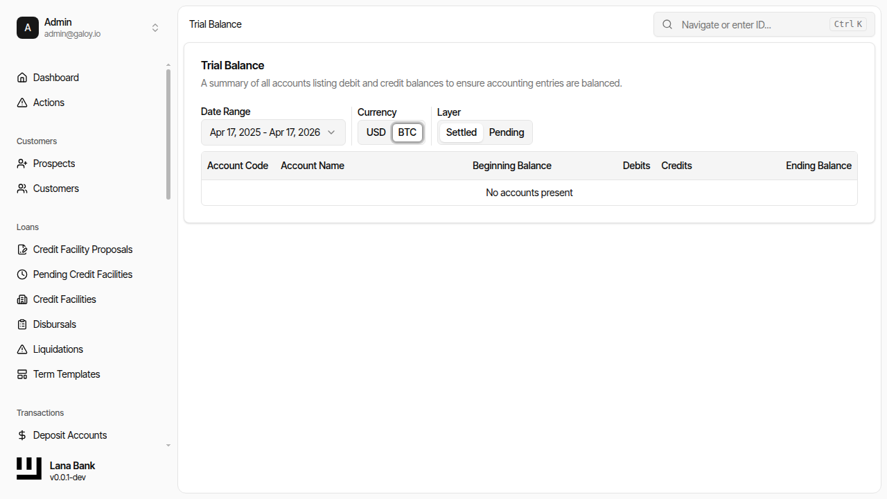 Trial balance BTC currency