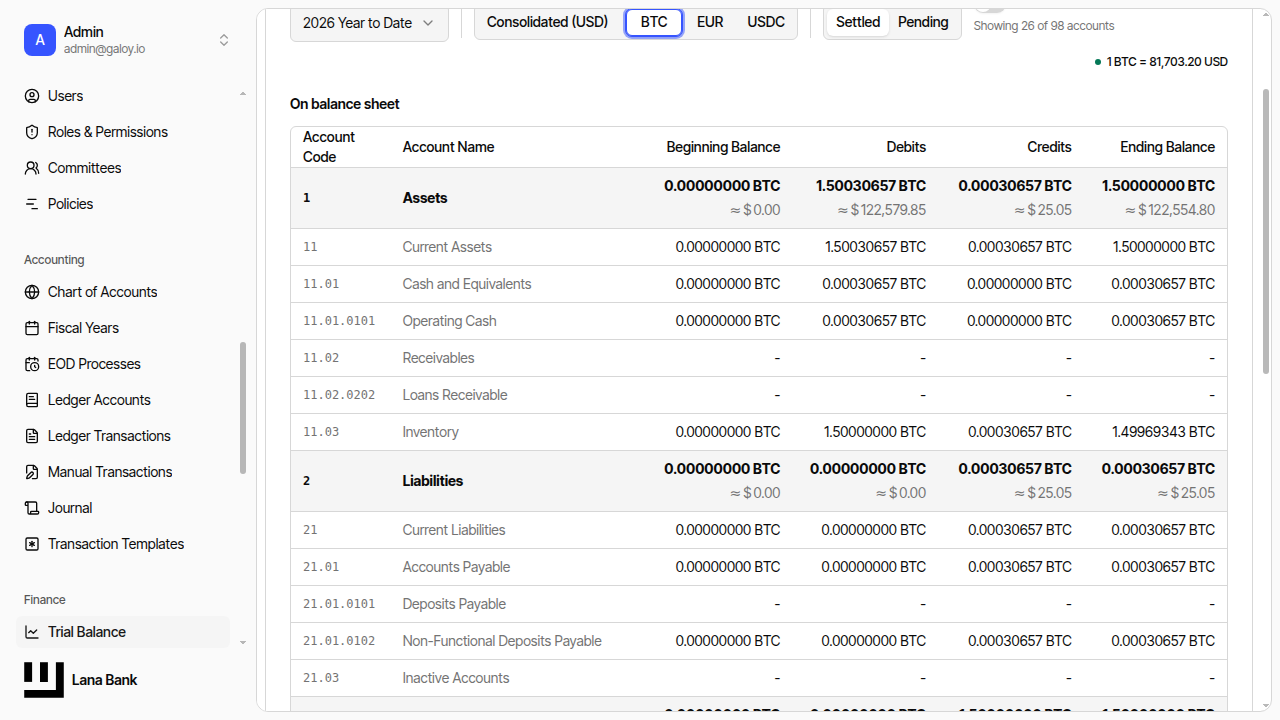 Trial balance BTC currency