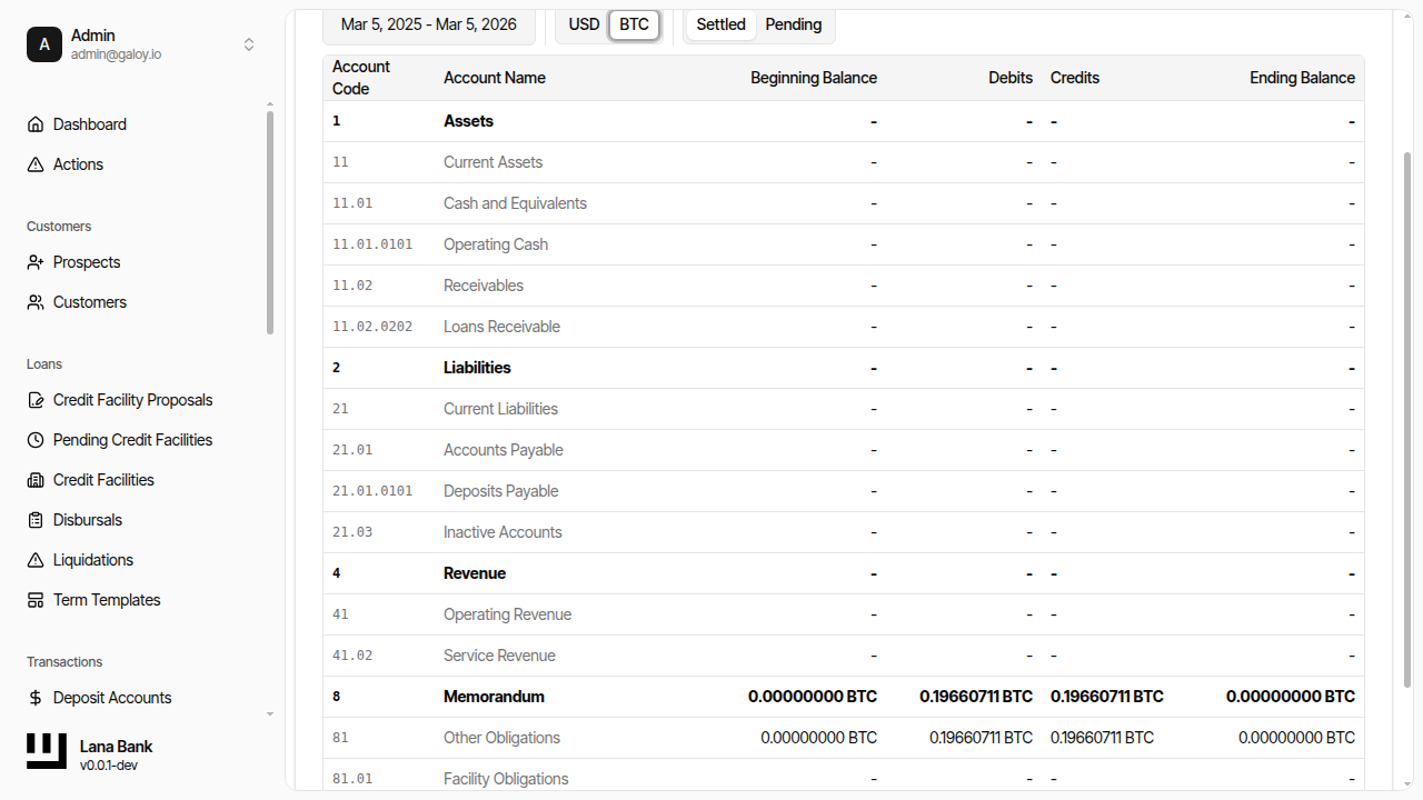 Trial balance BTC currency