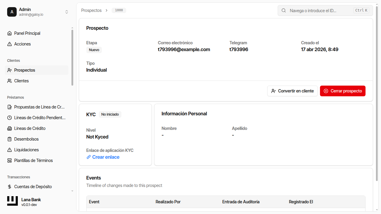 Sección de detalles KYC del prospecto