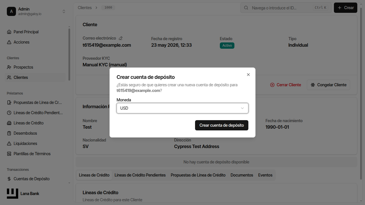 Diálogo crear cuenta de depósito