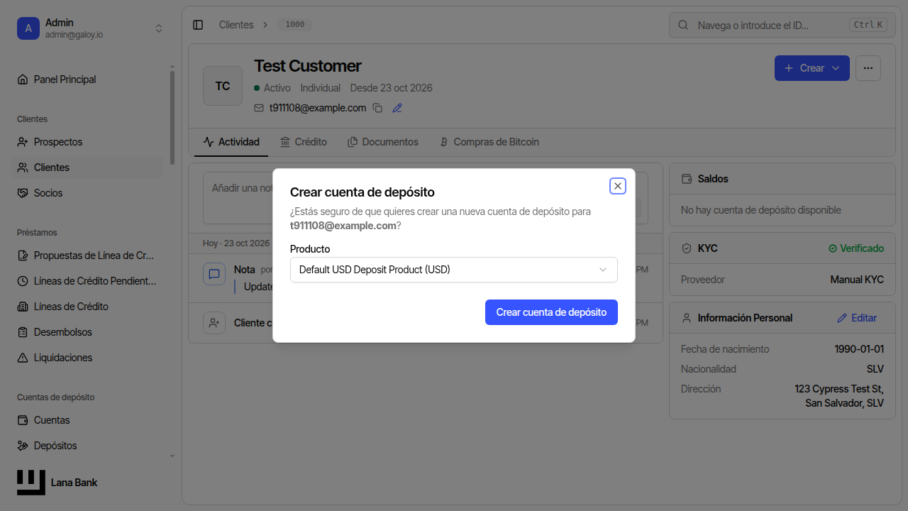 Diálogo crear cuenta de depósito