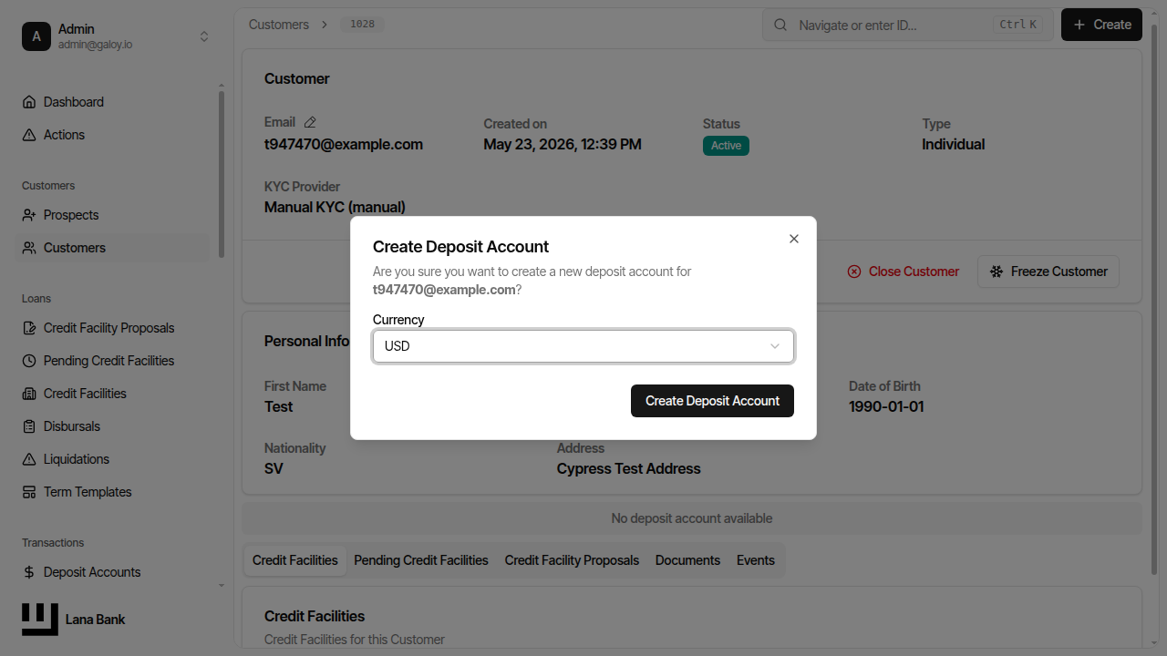 Create deposit account dialog