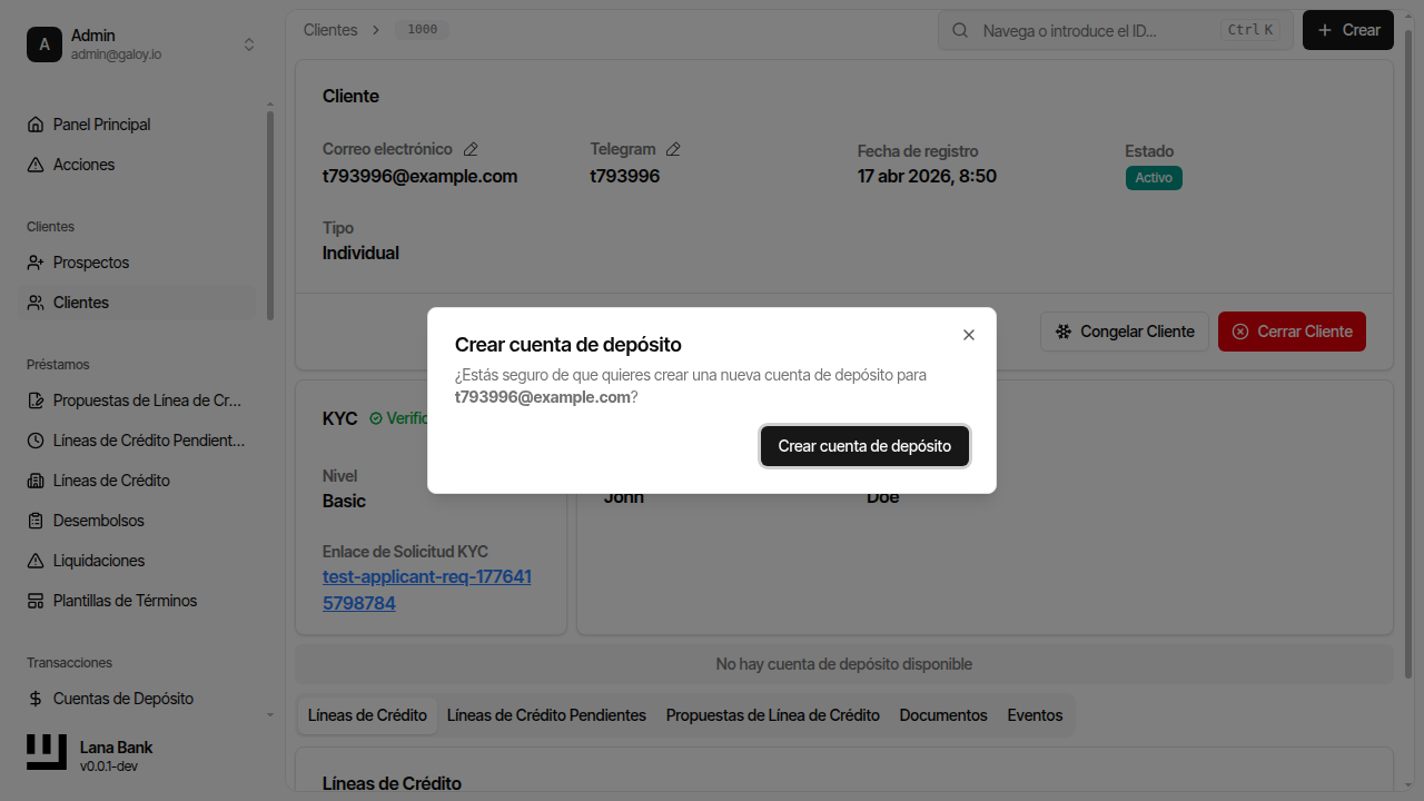 Diálogo crear cuenta de depósito