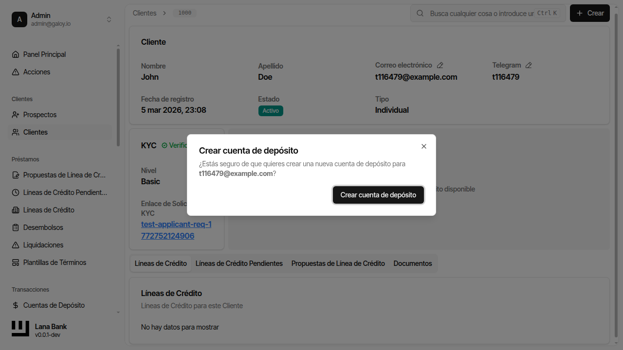 Diálogo crear cuenta de depósito